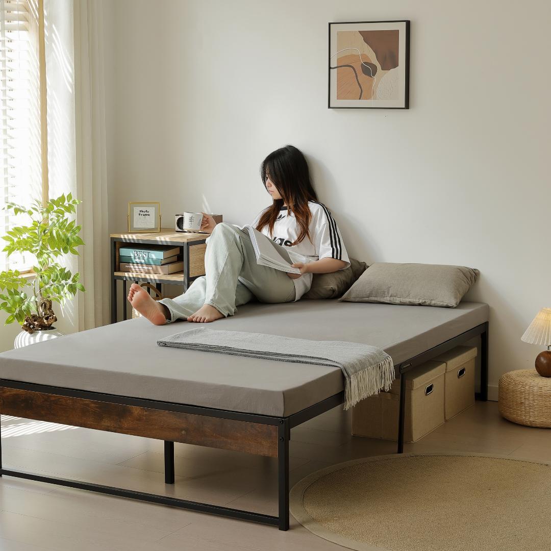 年末赤字！D・ダブルベッドフレーム パイプベッド パイプ+木　BLACK