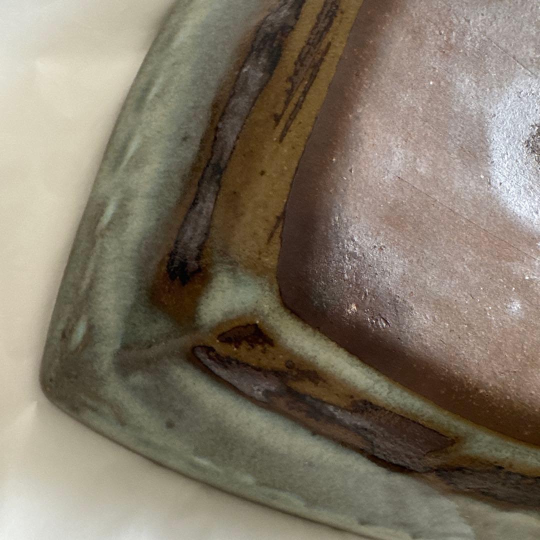 スリップウエア　丹波焼　柴田雅章作　茶色　四角い陶器皿 葉模様　民藝　民芸