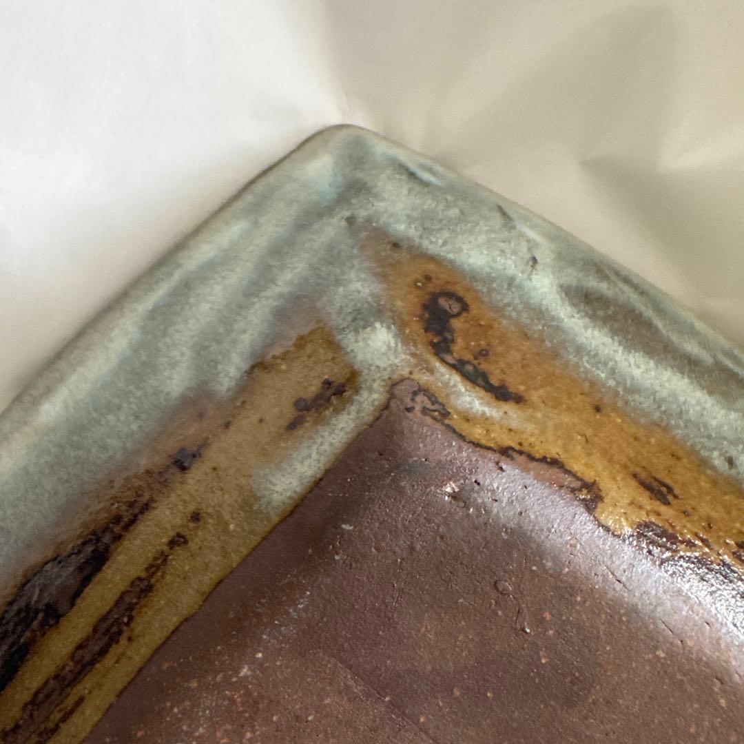 スリップウエア　丹波焼　柴田雅章作　茶色　四角い陶器皿 葉模様　民藝　民芸