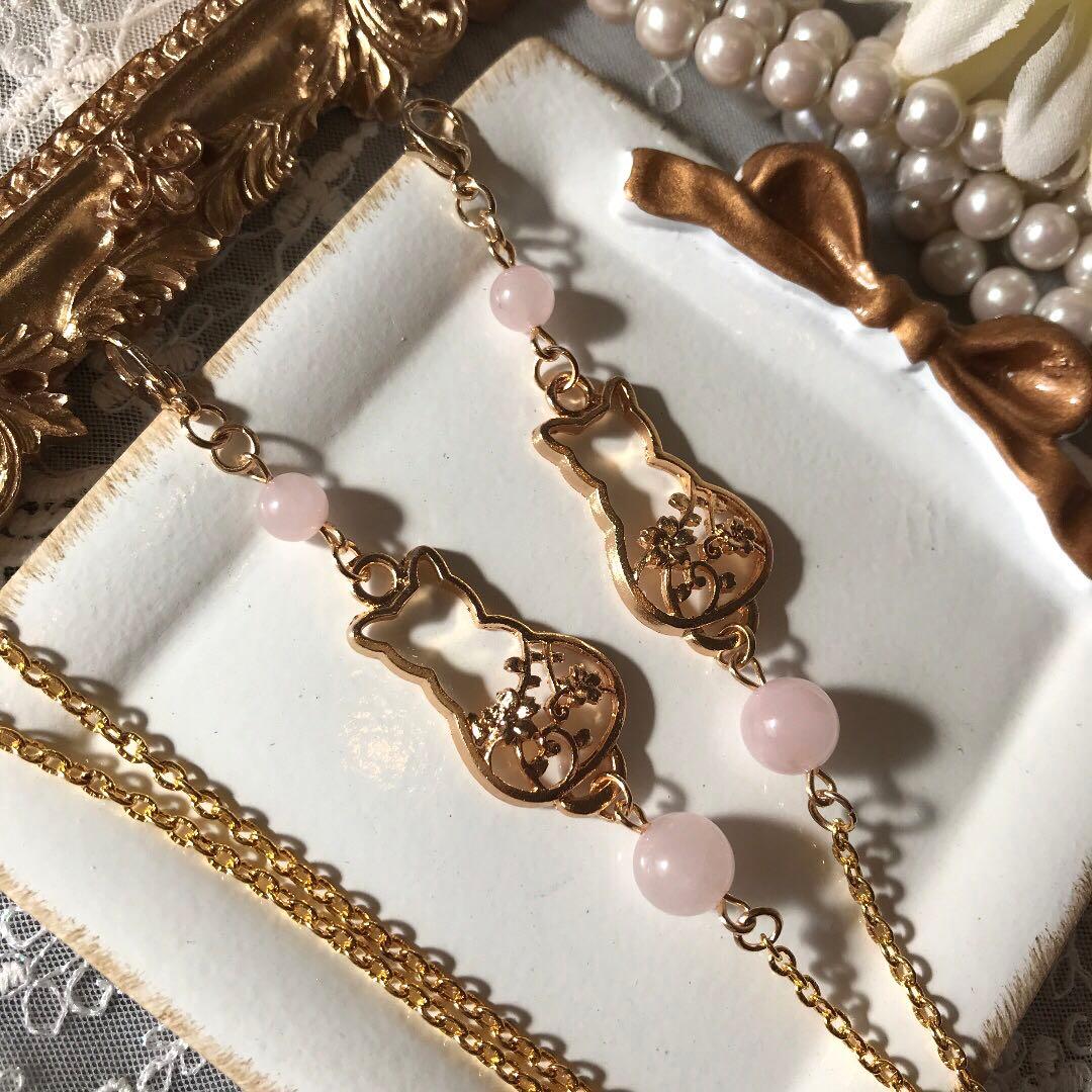 ♪524❤️ 天然石　ローズクォーツ　猫　ねこ　桜　マスクチェーン　メガネチェーン