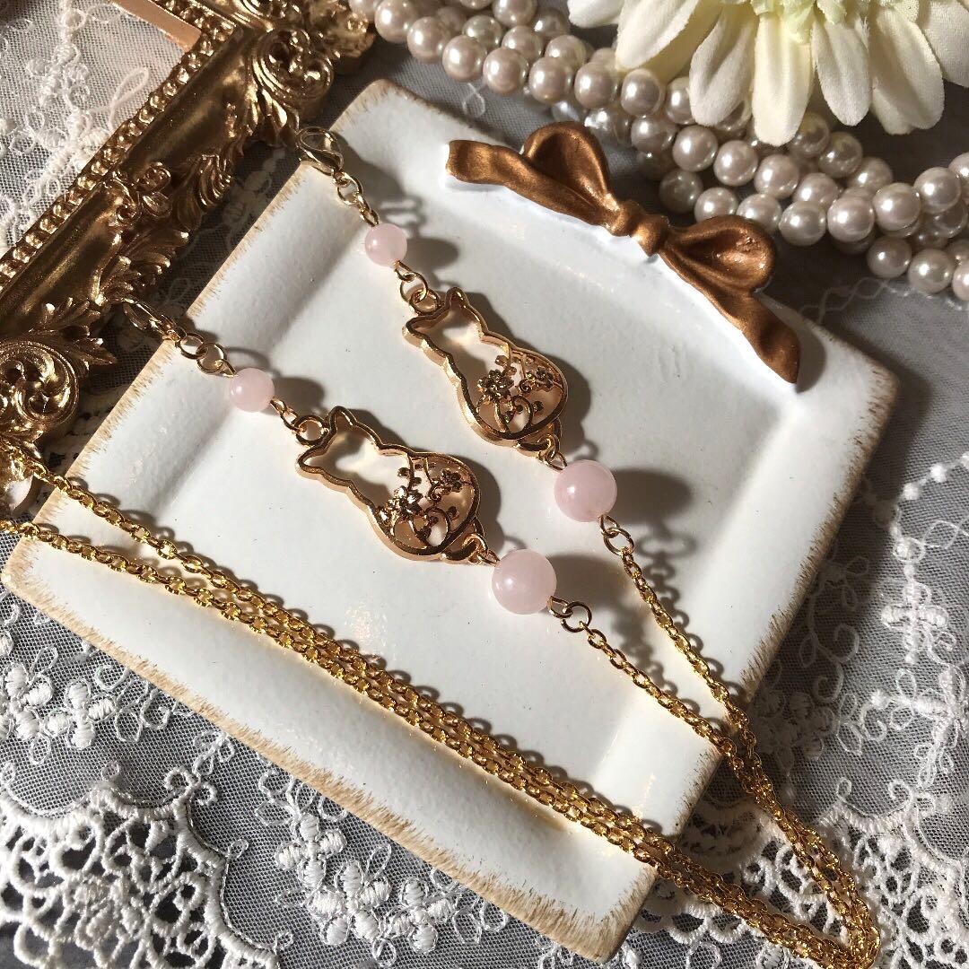 ♪524❤️ 天然石　ローズクォーツ　猫　ねこ　桜　マスクチェーン　メガネチェーン