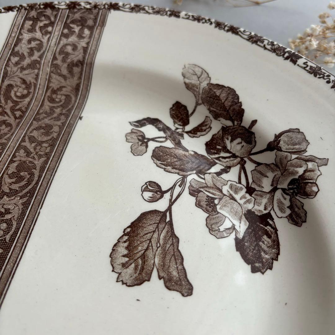 希少 大皿 フランス エミールブルジョワ セピア色のレースと花枝のプレート