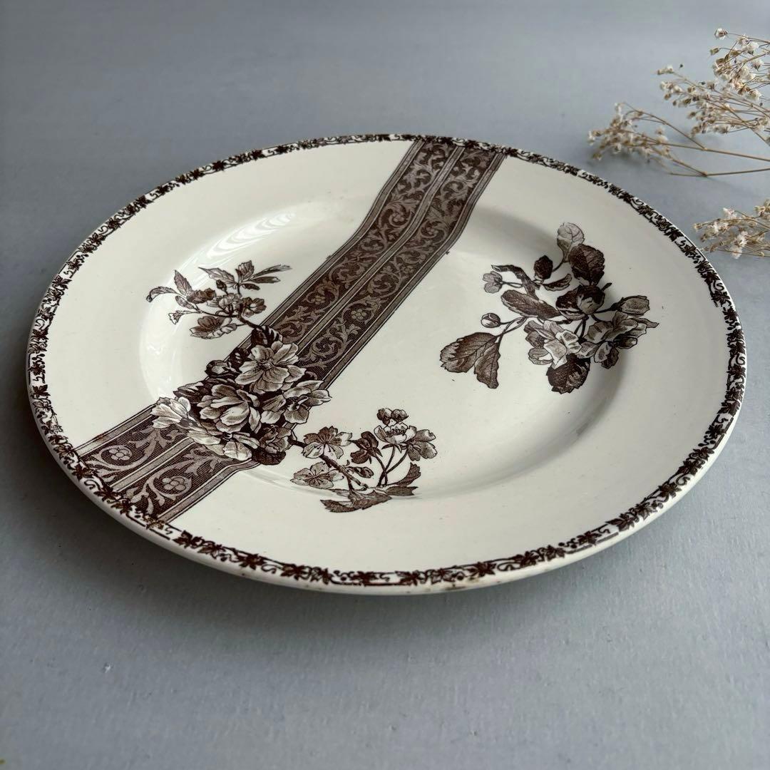 希少 大皿 フランス エミールブルジョワ セピア色のレースと花枝のプレート
