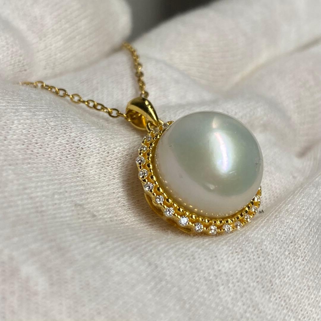 大珠　淡水パール　パールネックレス ジルコニア　シルバー　14.5mm