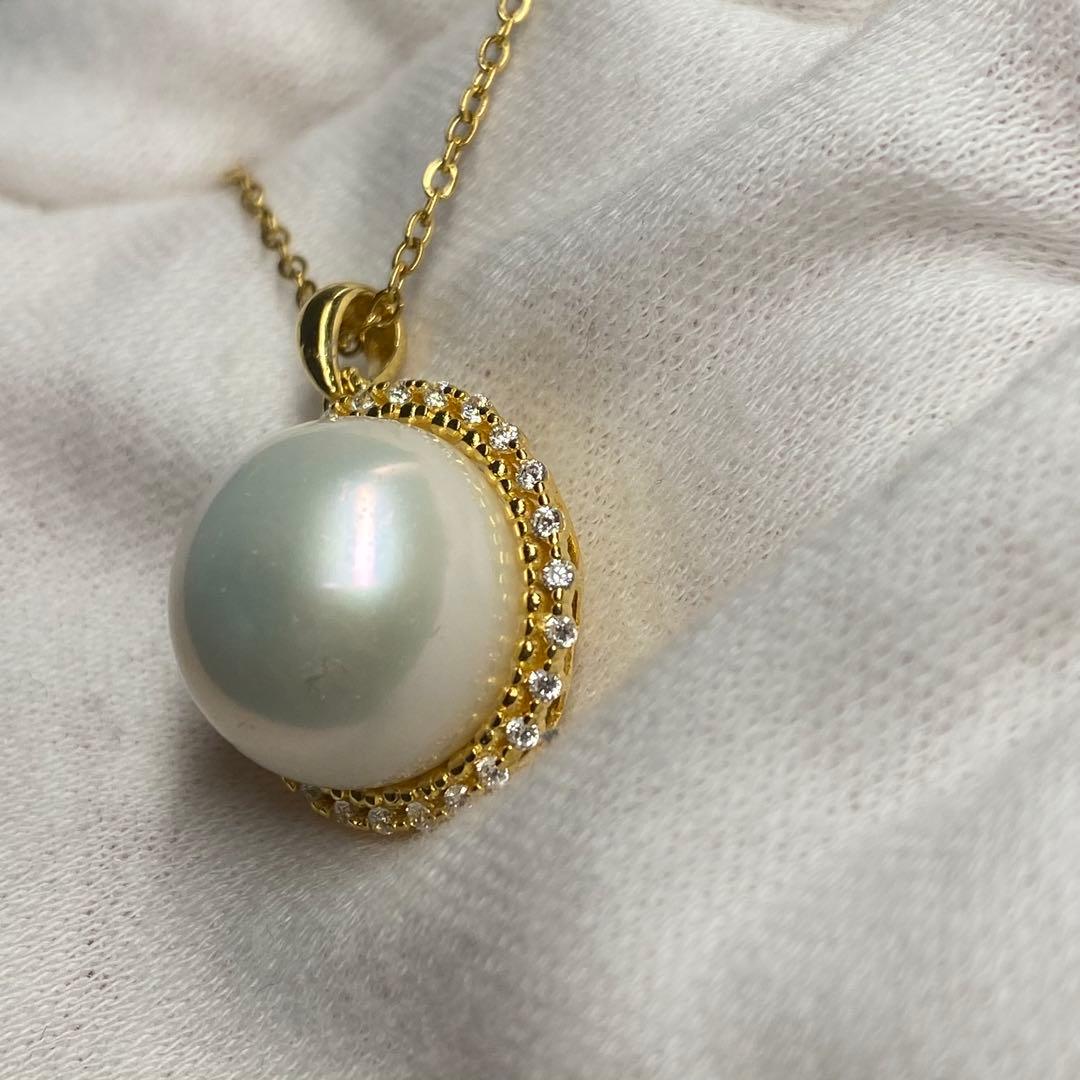 大珠　淡水パール　パールネックレス ジルコニア　シルバー　14.5mm