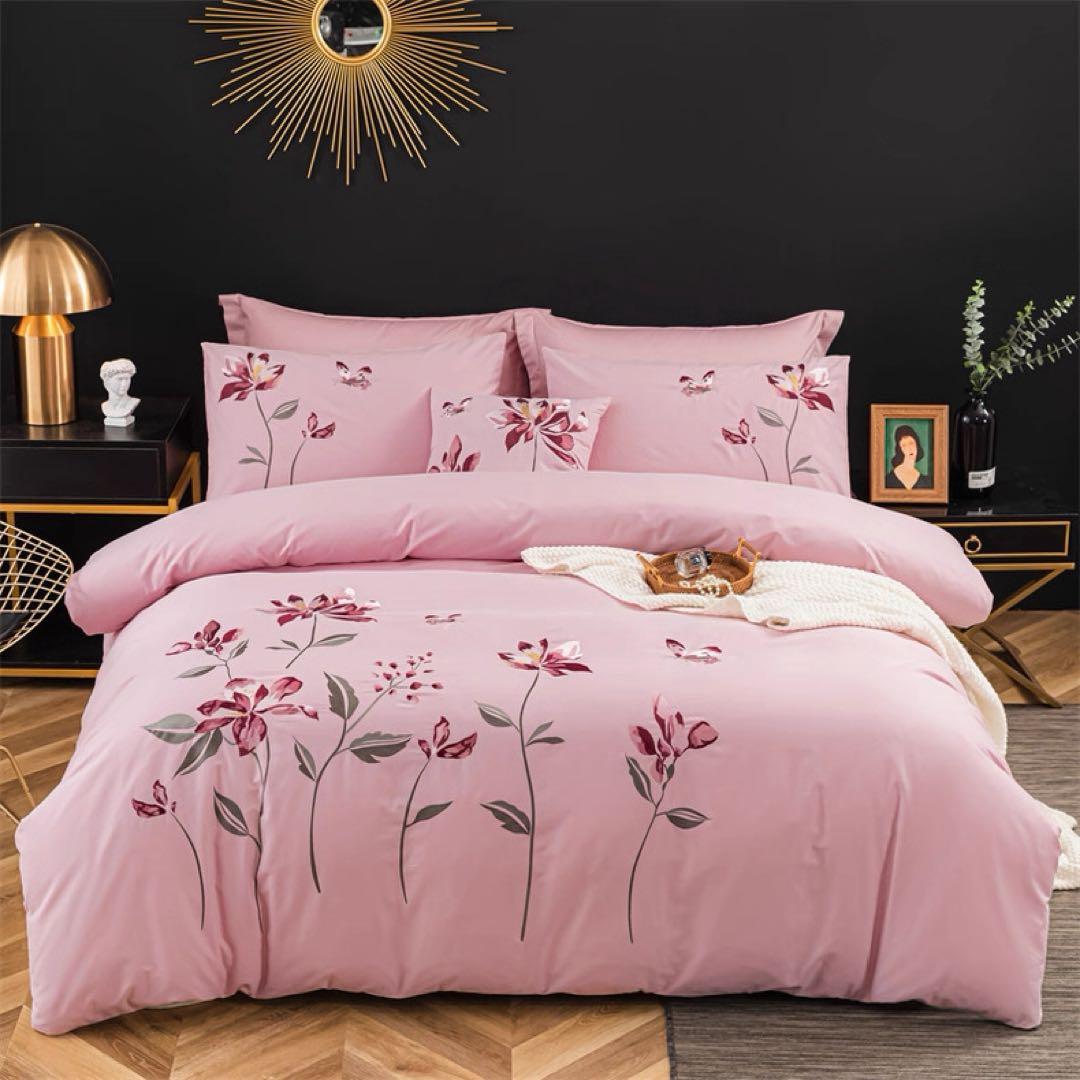布団４点セットカバーシーツ枕カバーシングル綿100%精美刺繍可愛いピンク色