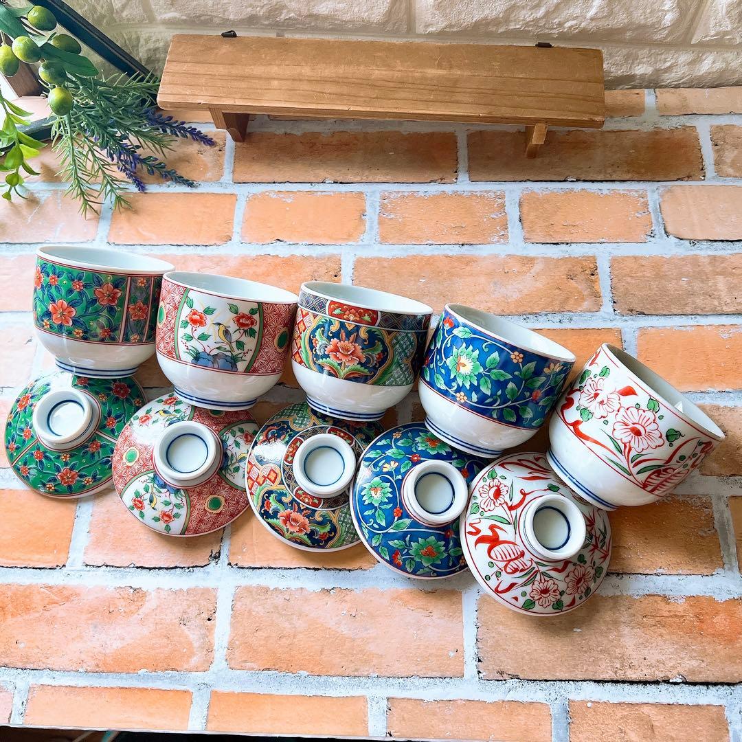 【有田焼】善峰窯 蓋付き茶碗蒸し5客 古伊万里 赤絵 花鳥 花唐草 紅小花