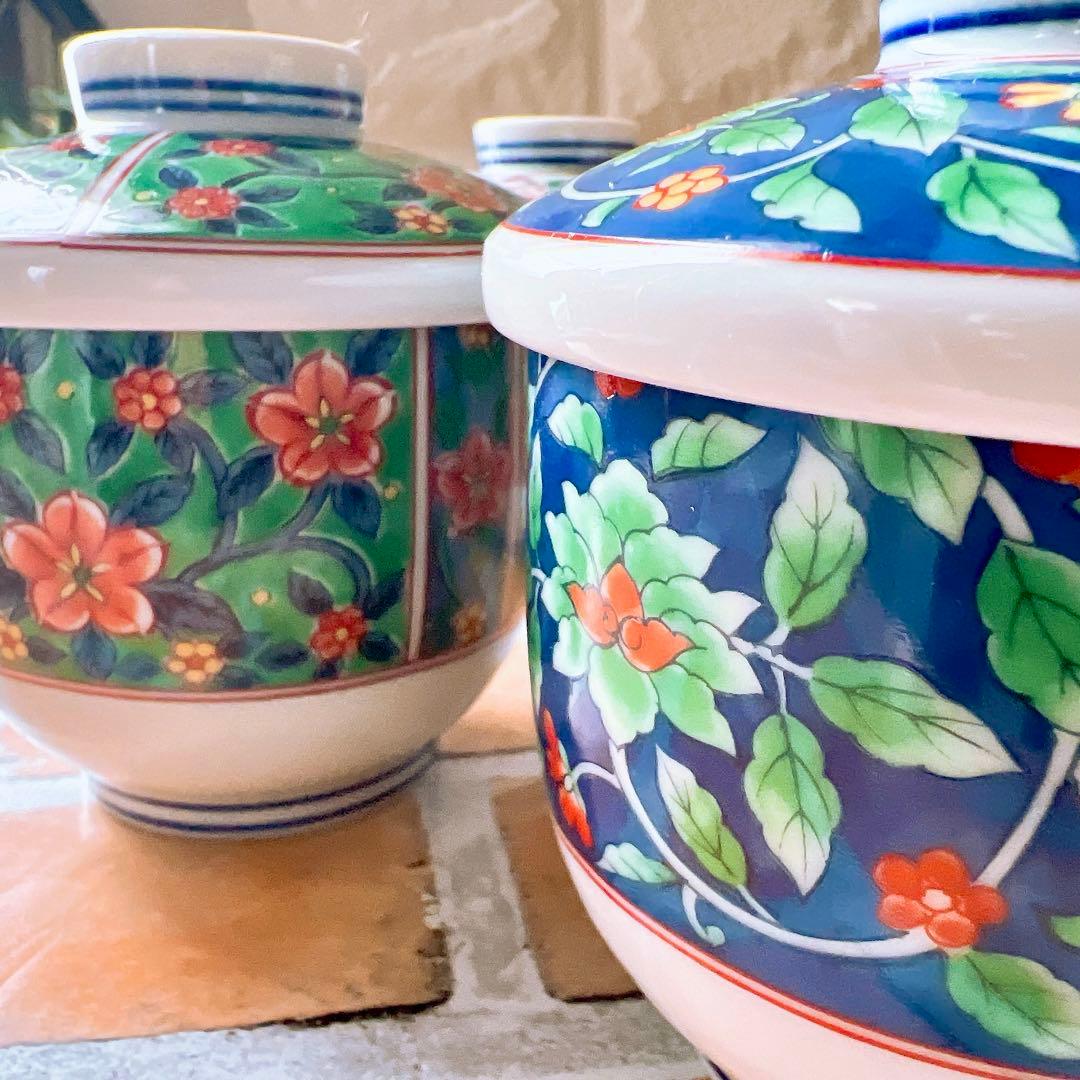 【有田焼】善峰窯 蓋付き茶碗蒸し5客 古伊万里 赤絵 花鳥 花唐草 紅小花