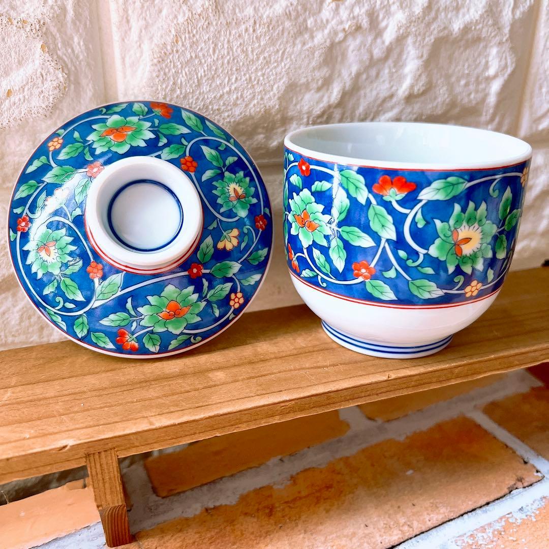 【有田焼】善峰窯 蓋付き茶碗蒸し5客 古伊万里 赤絵 花鳥 花唐草 紅小花