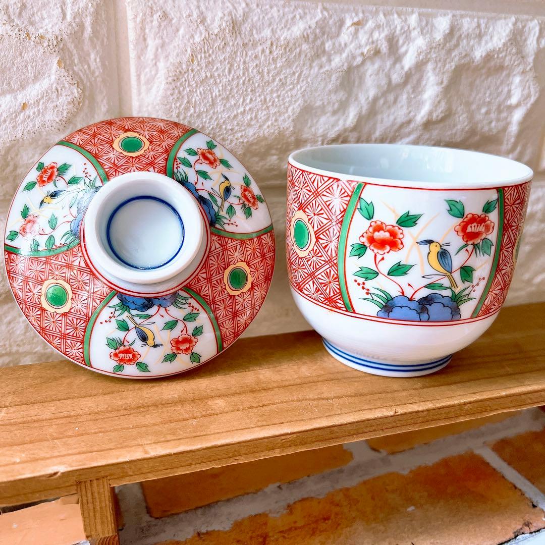 【有田焼】善峰窯 蓋付き茶碗蒸し5客 古伊万里 赤絵 花鳥 花唐草 紅小花