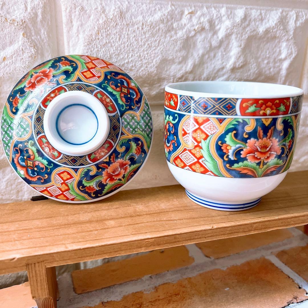 【有田焼】善峰窯 蓋付き茶碗蒸し5客 古伊万里 赤絵 花鳥 花唐草 紅小花