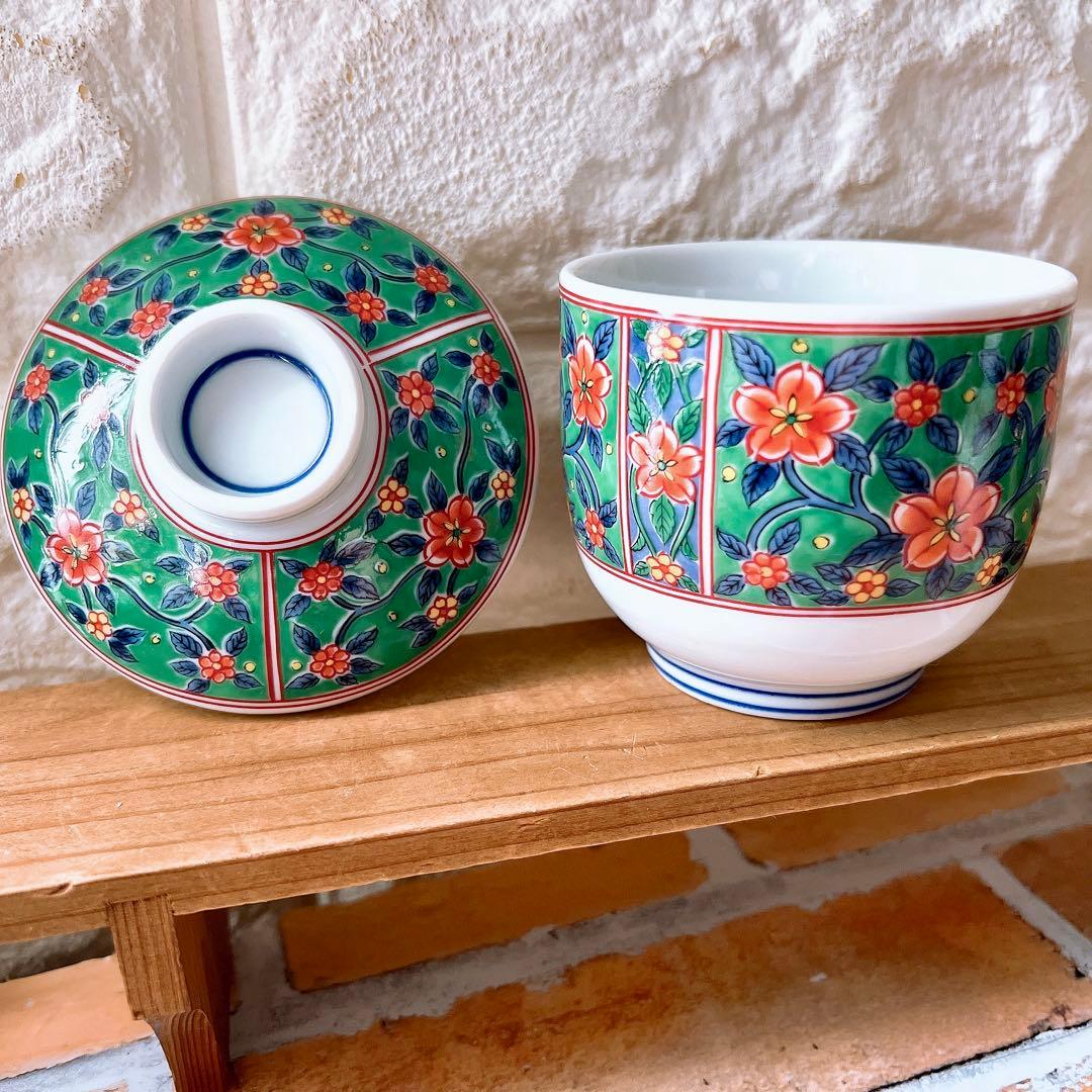 【有田焼】善峰窯 蓋付き茶碗蒸し5客 古伊万里 赤絵 花鳥 花唐草 紅小花