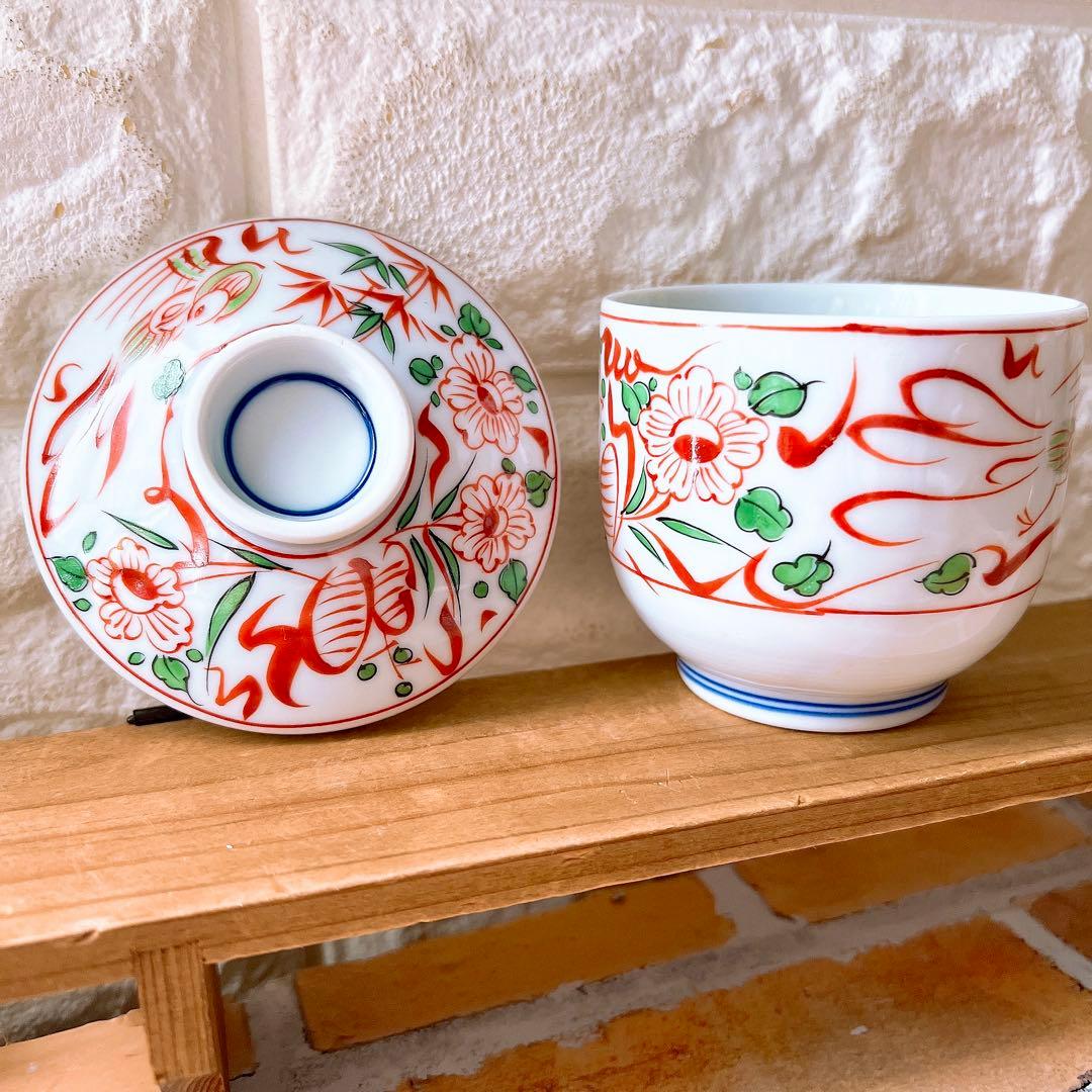 【有田焼】善峰窯 蓋付き茶碗蒸し5客 古伊万里 赤絵 花鳥 花唐草 紅小花