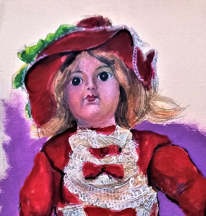 伊藤和生　「アンティクドール」　ボードに水彩画　　F４号　額装 真作保証