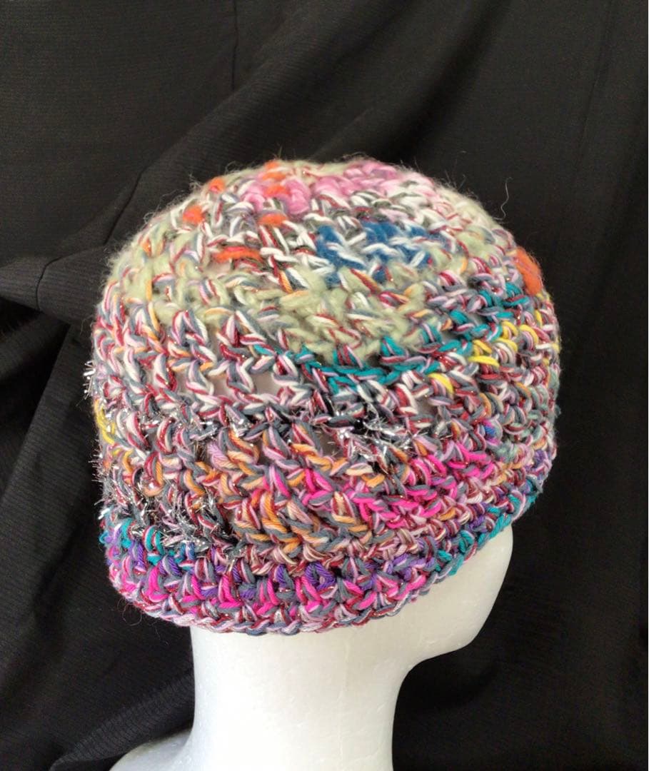 手作りニット帽　ビーニー　ベレー帽　綿糸混　春から　ピンク　ブルーミックス　多色