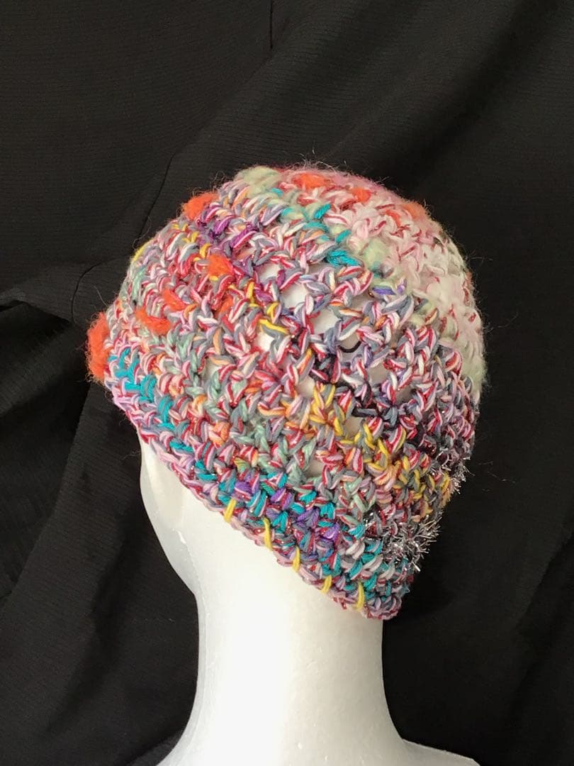 手作りニット帽　ビーニー　ベレー帽　綿糸混　春から　ピンク　ブルーミックス　多色