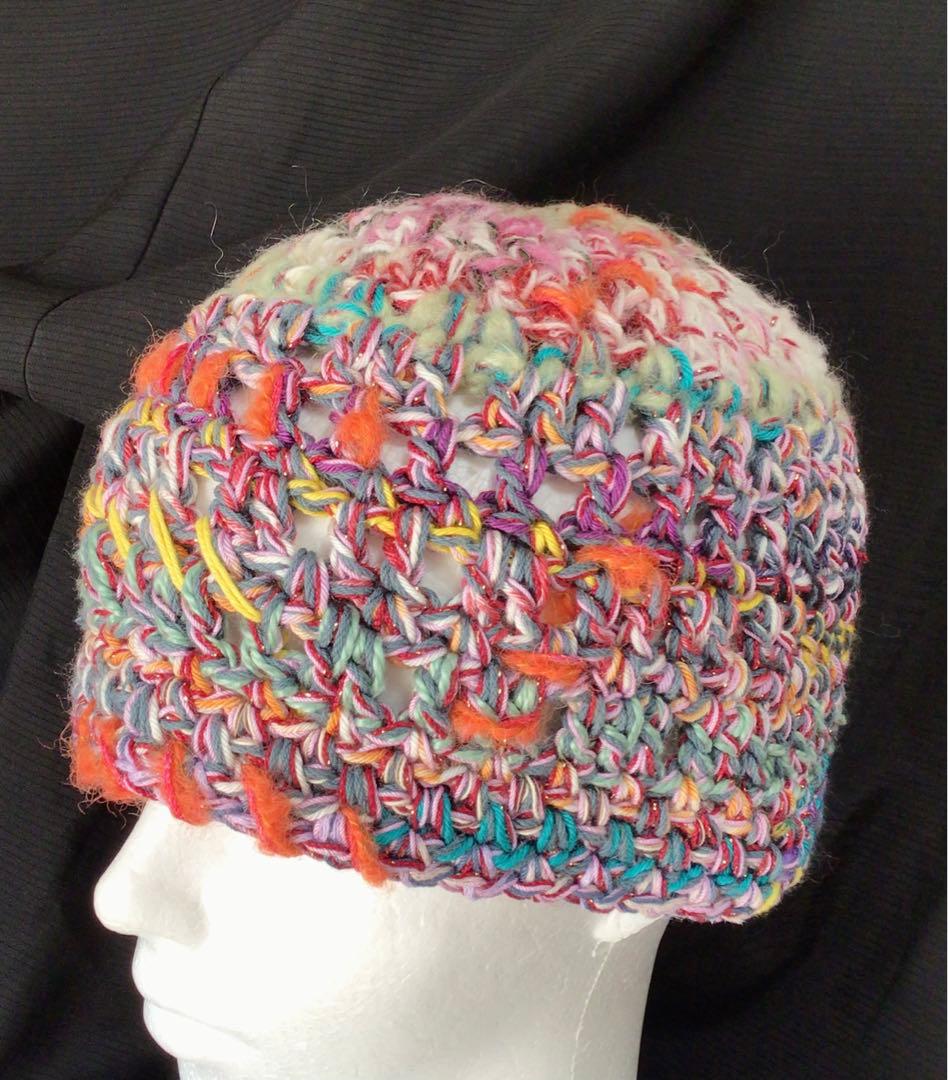 手作りニット帽　ビーニー　ベレー帽　綿糸混　春から　ピンク　ブルーミックス　多色
