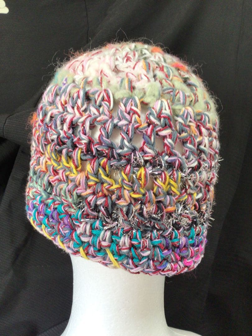 手作りニット帽　ビーニー　ベレー帽　綿糸混　春から　ピンク　ブルーミックス　多色