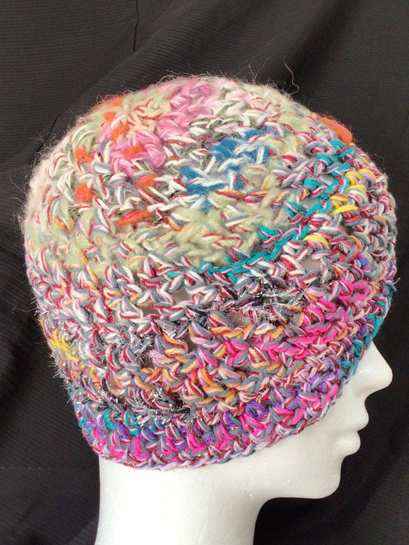 手作りニット帽　ビーニー　ベレー帽　綿糸混　春から　ピンク　ブルーミックス　多色