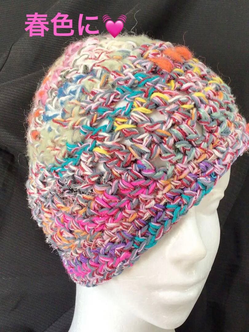 手作りニット帽　ビーニー　ベレー帽　綿糸混　春から　ピンク　ブルーミックス　多色