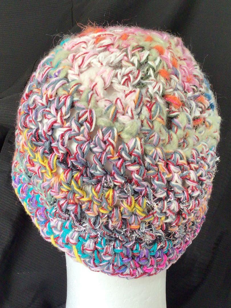 手作りニット帽　ビーニー　ベレー帽　綿糸混　春から　ピンク　ブルーミックス　多色
