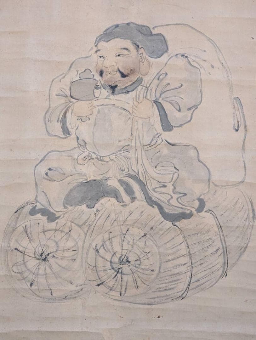 【真作】掛軸　大黒天図　墨画　俵乗り福神図　古画　福神　大黒天　墨絵　V156
