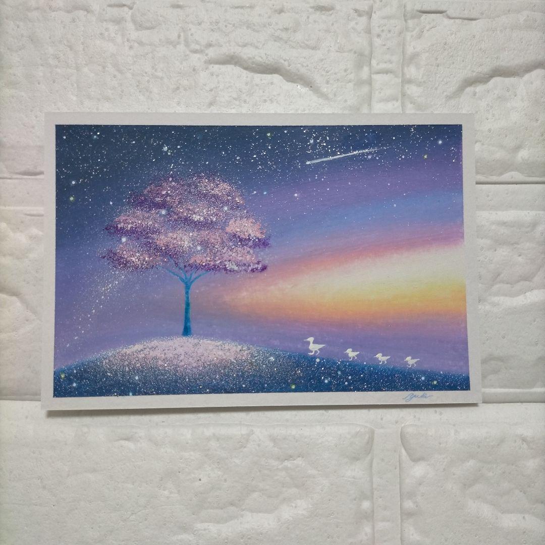 カルガモ親子と桜 星空 オイルパステル画原画 ハガキサイズ絵画 #108