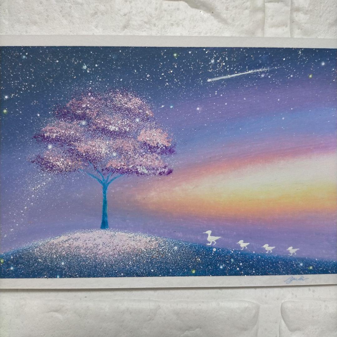 カルガモ親子と桜 星空 オイルパステル画原画 ハガキサイズ絵画 #108