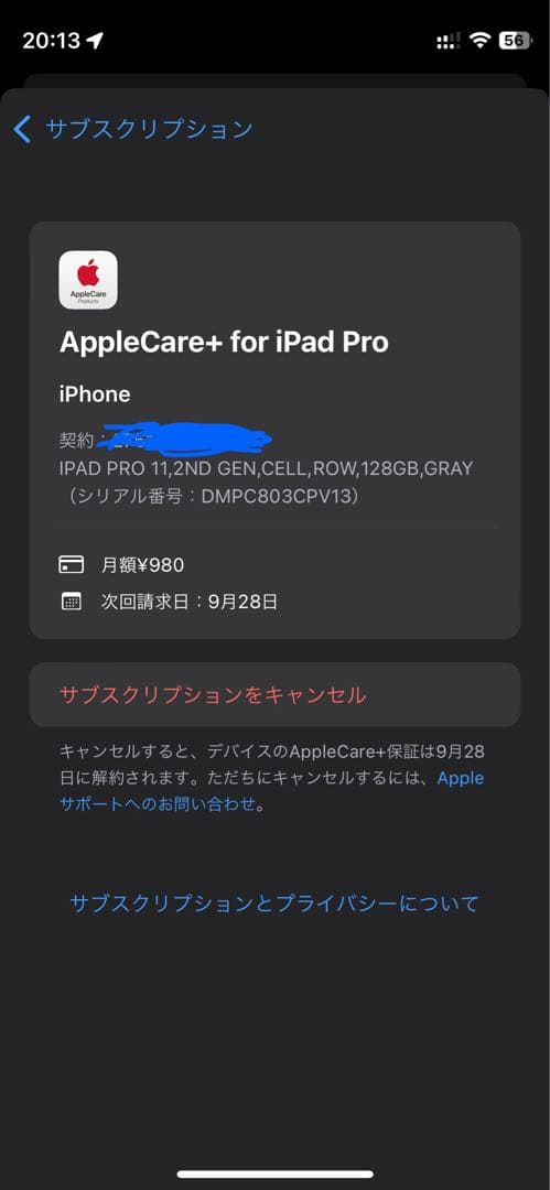 iPadPro 11インチ 第2世代 128GB AppleCare保証あり
