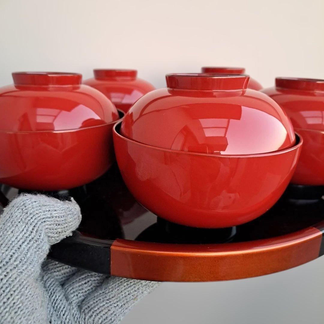 【越前河和田塗　御吸物椀×5客】天然木製　朱内黒　未使用/長期保管品