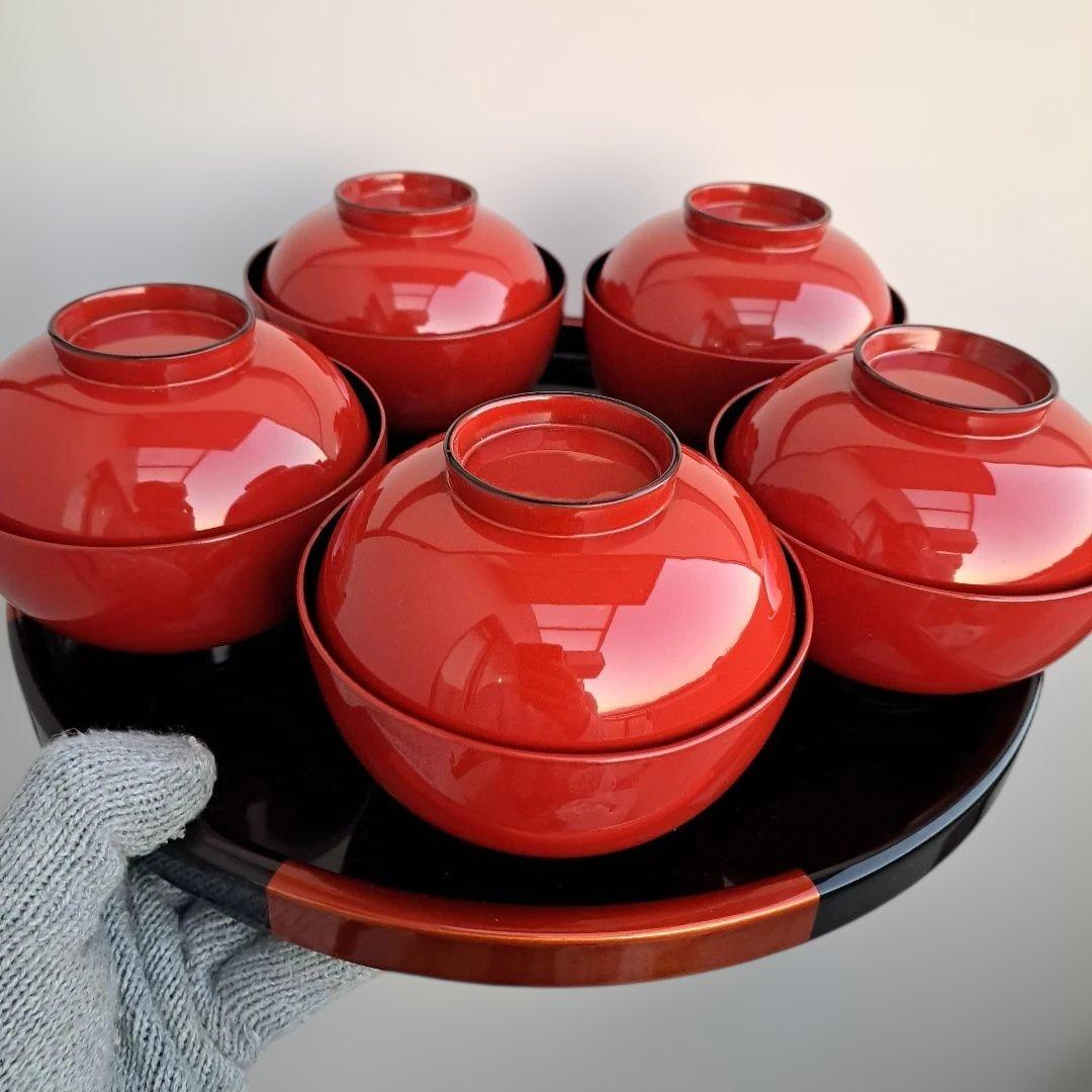 【越前河和田塗　御吸物椀×5客】天然木製　朱内黒　未使用/長期保管品