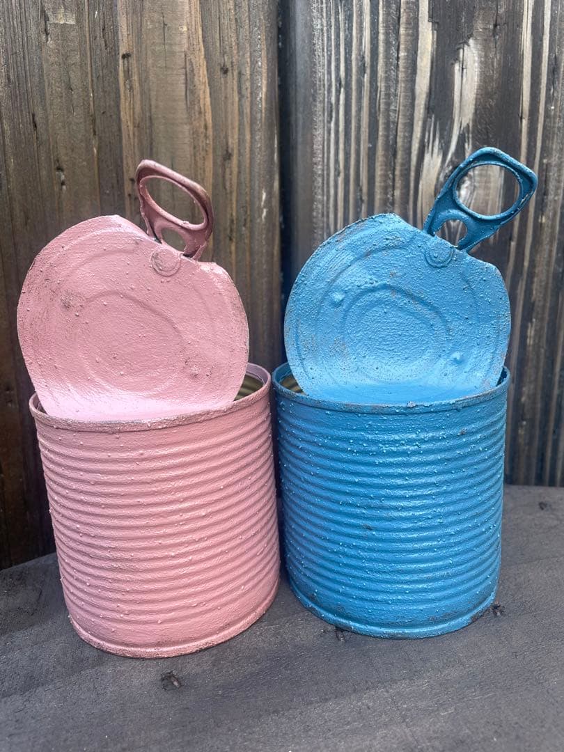 ☆128 ピンク×ブルー 蓋付き リメ缶 リメイク缶 リメイク鉢 多肉植物