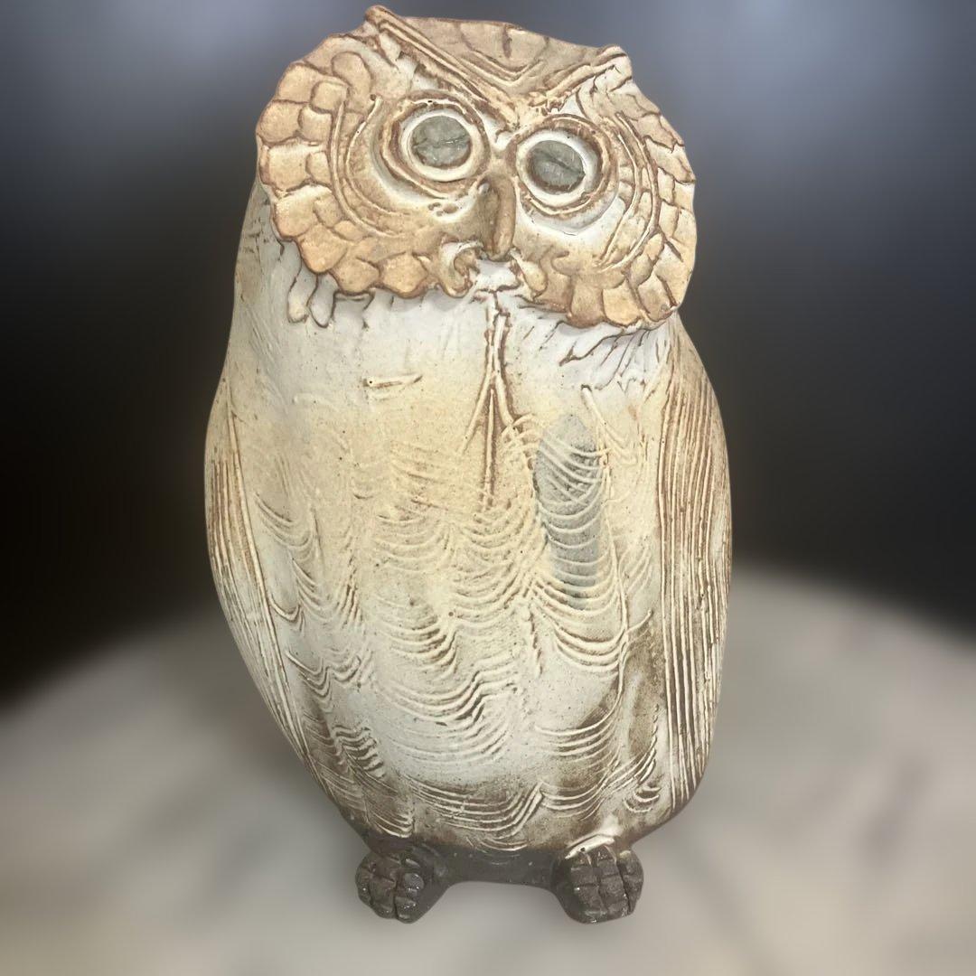 フクロウ家族の陶器置物 高さ約18cm