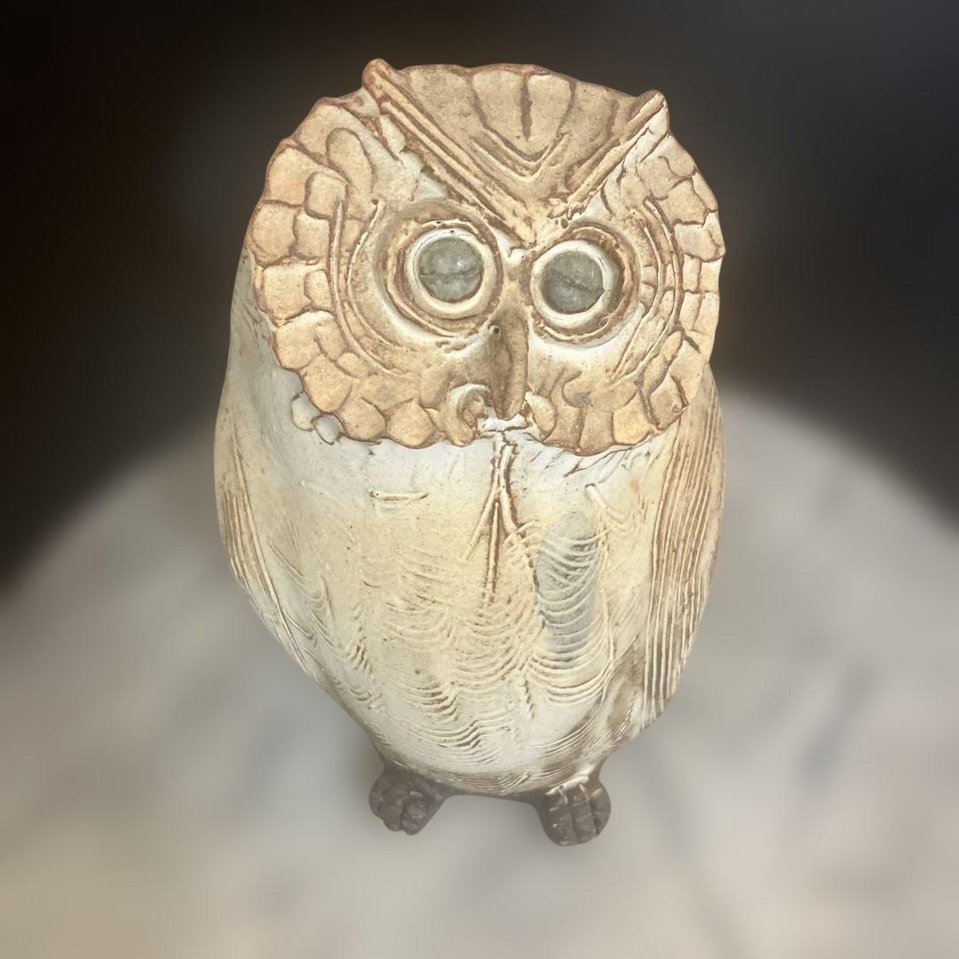 フクロウ家族の陶器置物 高さ約18cm