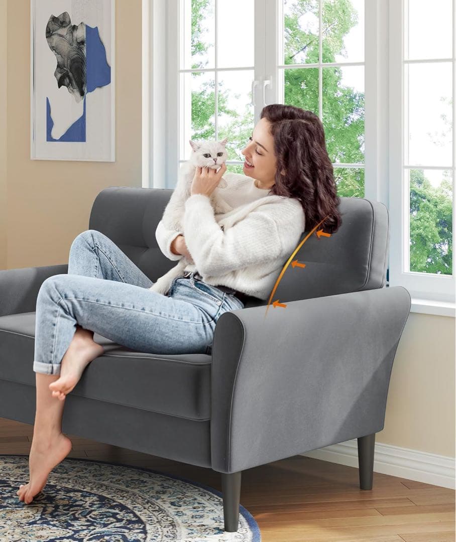 北欧調◆ベルベット ポケットコイル仕様 肘付き リビング グレーの2人掛けソファ