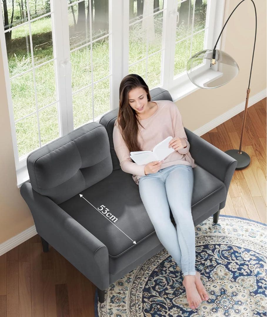 北欧調◆ベルベット ポケットコイル仕様 肘付き リビング グレーの2人掛けソファ