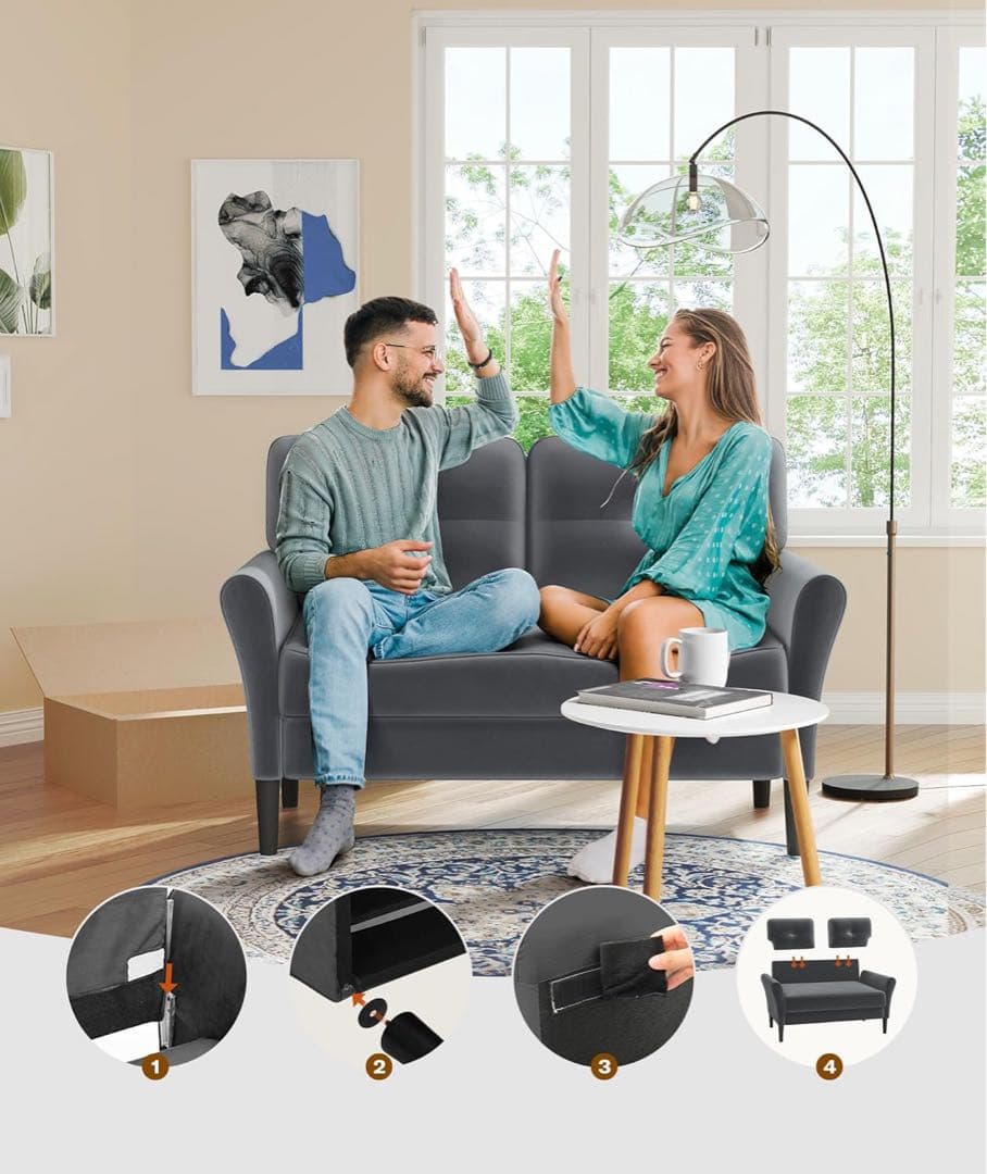 北欧調◆ベルベット ポケットコイル仕様 肘付き リビング グレーの2人掛けソファ