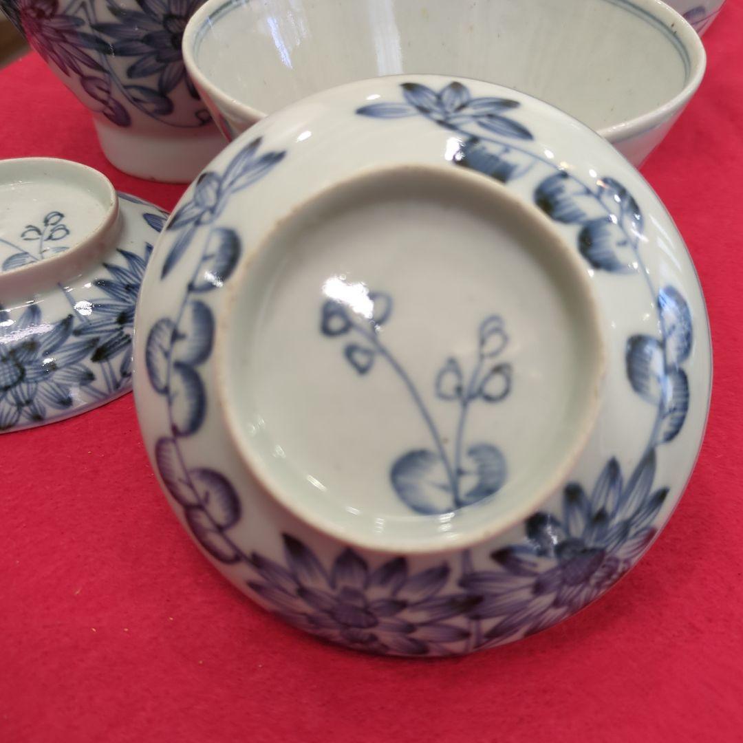 骨董　古伊万里　染め付け　蓋付き碗　煮物碗　飯碗　4つ