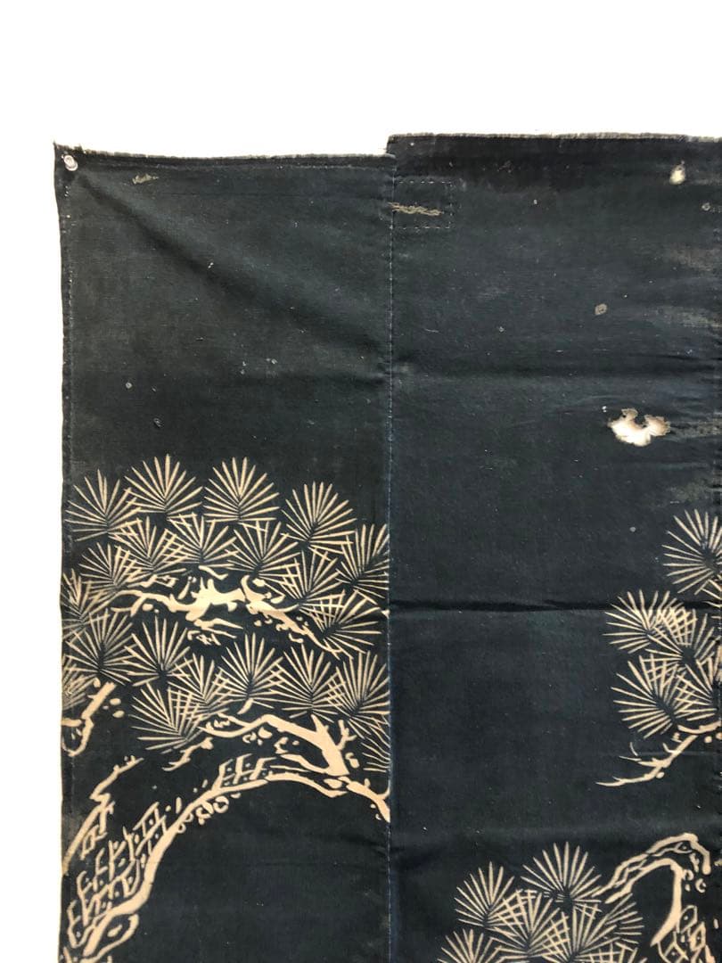 藍染筒描き三巾加賀のれん時代物木綿古布　ソ-229