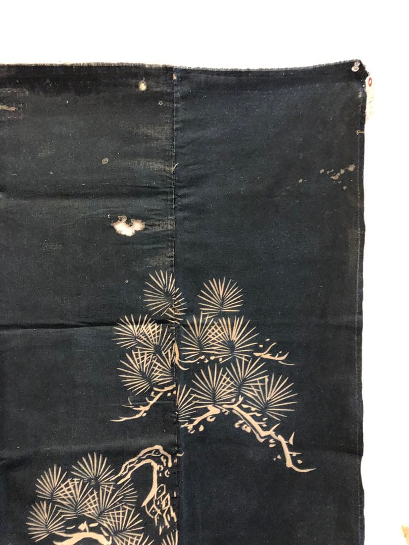 藍染筒描き三巾加賀のれん時代物木綿古布　ソ-229