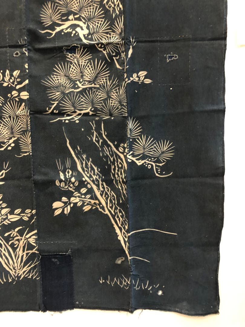 藍染筒描き三巾加賀のれん時代物木綿古布　ソ-229