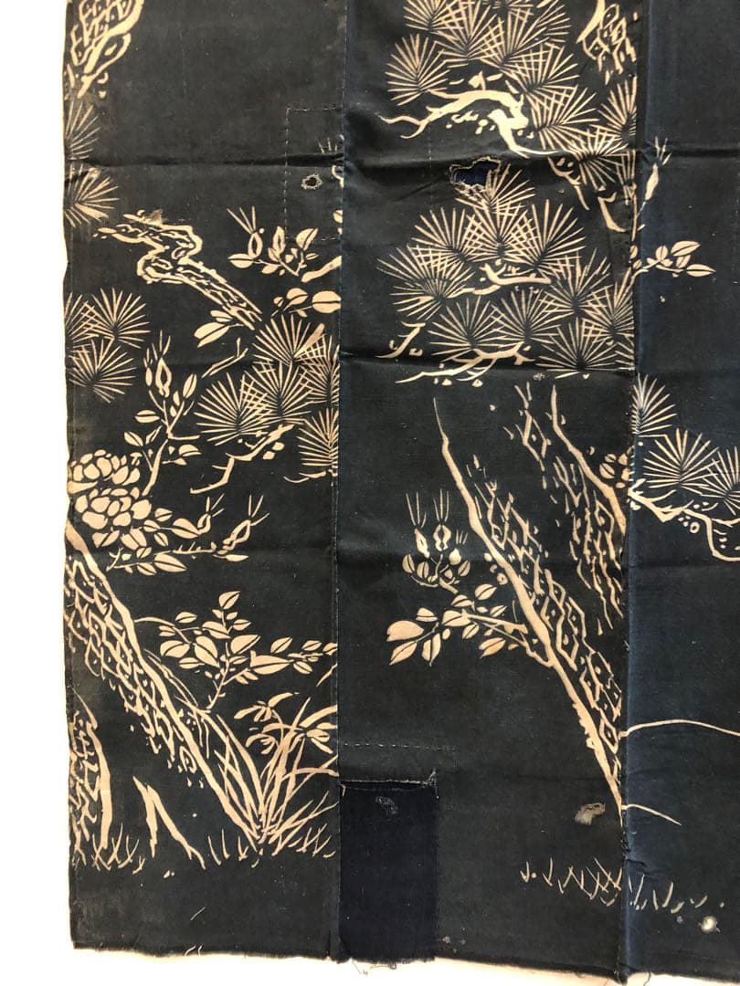 藍染筒描き三巾加賀のれん時代物木綿古布　ソ-229