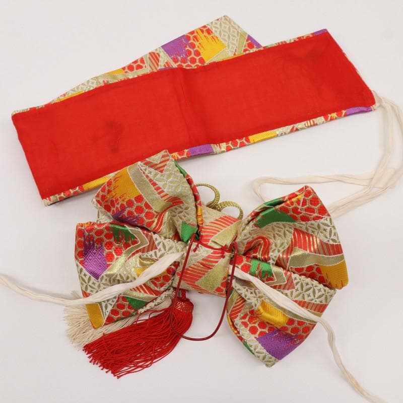 【七五三】5点セット　3歳女児 小花 子供着物帯小物 赤 正絹 8RR3