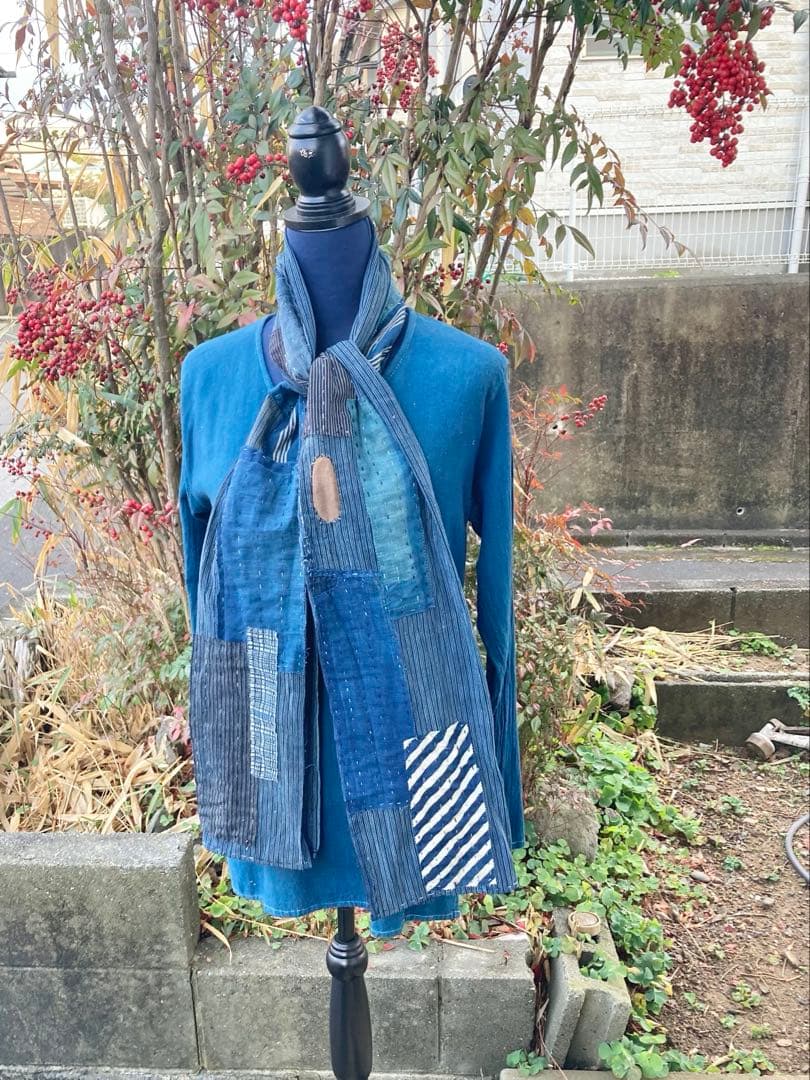 B32 襤褸　ストール　古布　リメイク　藍染　パッチワーク　継ぎ接ぎ　刺し子