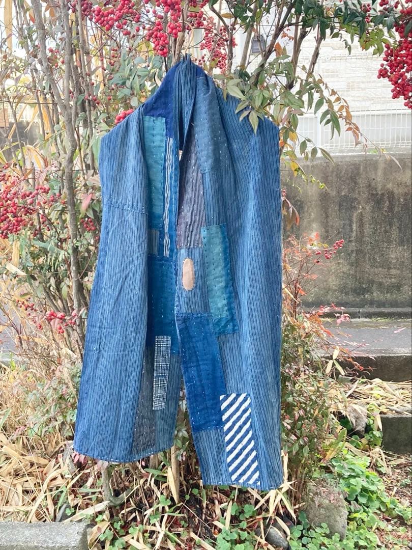 B32 襤褸　ストール　古布　リメイク　藍染　パッチワーク　継ぎ接ぎ　刺し子