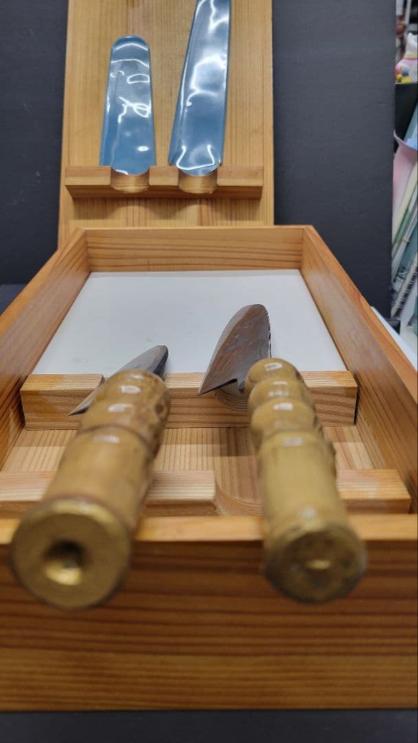 初代正次郎 総火造り 包丁セット 2本 木製ケース付 竹の柄付け