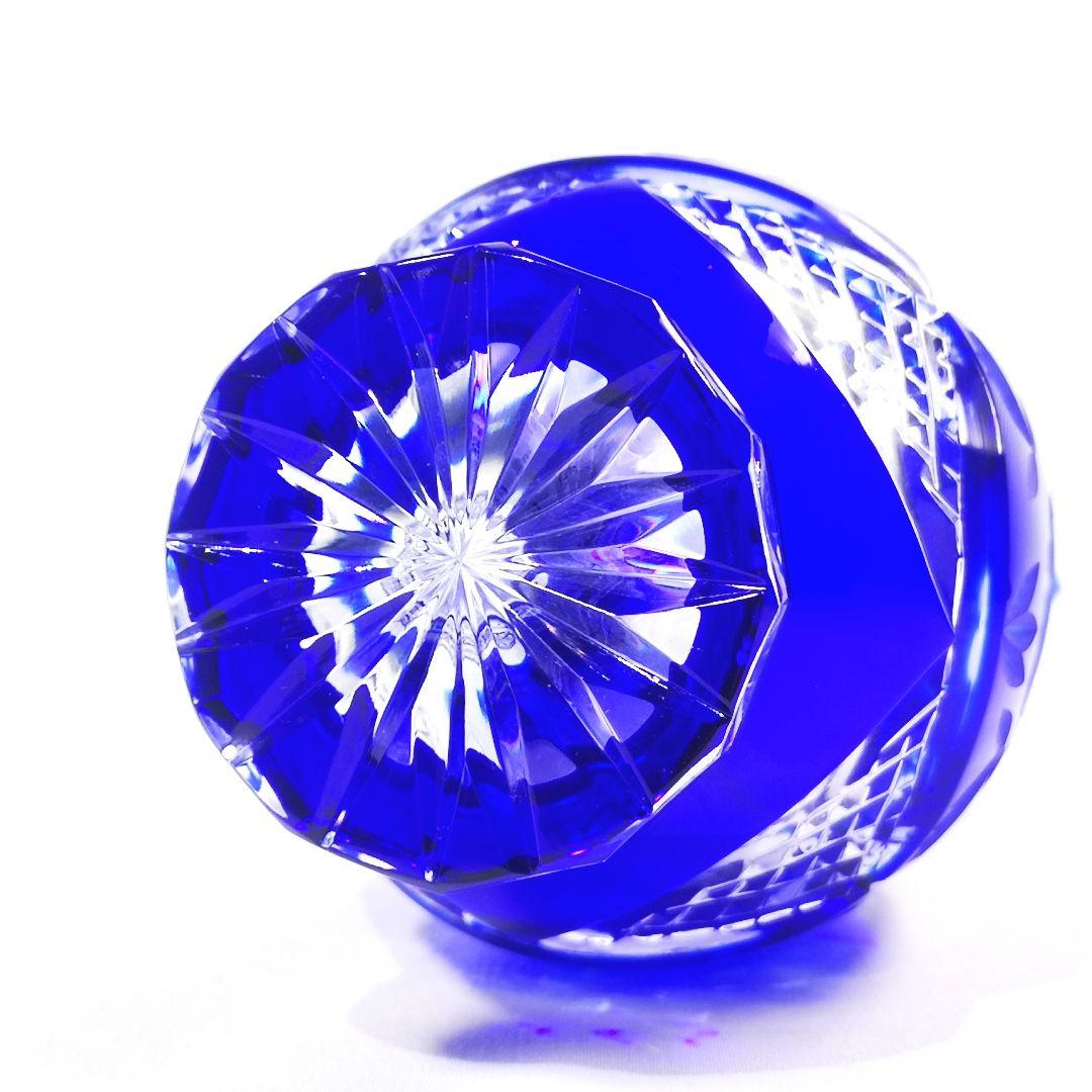 POLONIA ポロニア 青色被せ 花模様 ポーランド製 切子 花瓶