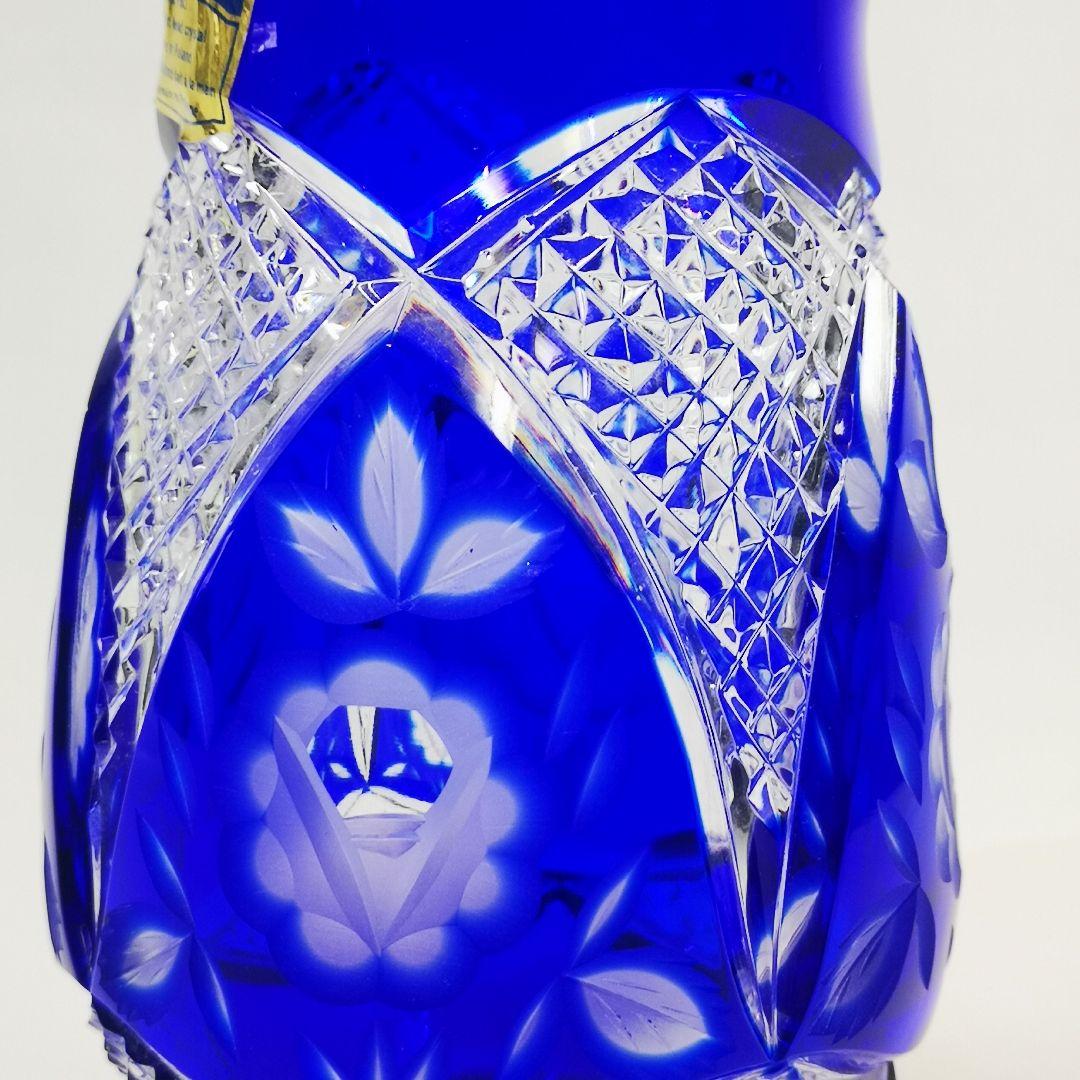 POLONIA ポロニア 青色被せ 花模様 ポーランド製 切子 花瓶