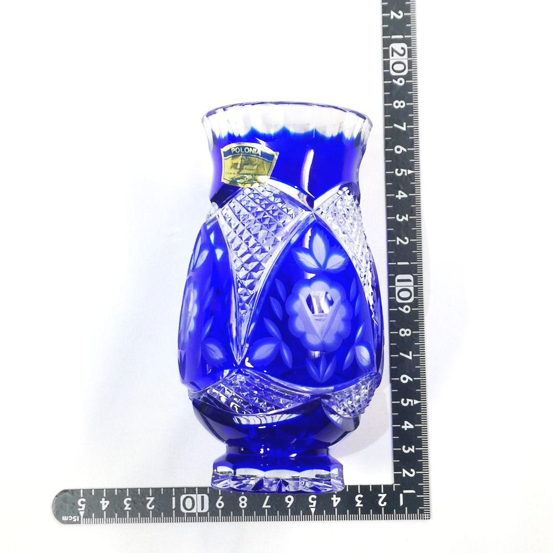 POLONIA ポロニア 青色被せ 花模様 ポーランド製 切子 花瓶