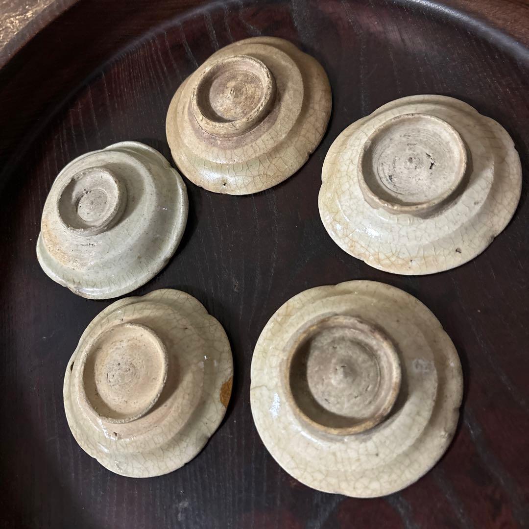 灰釉小皿　5点　豆皿　美濃瀬戸　酒盃　骨董　アンティーク　古道具　古民具　李朝